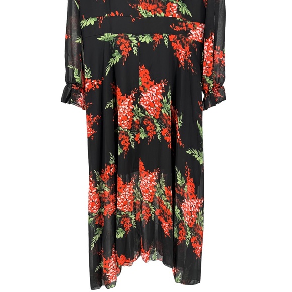 Black Red Floral Tie Bow Neck Maxi Long Dress Sheer Long Sleeve size 14 NWT - Picture 8 of 11